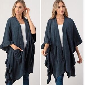 NWT Long Slate Blue Ruffled Cardigan Cape